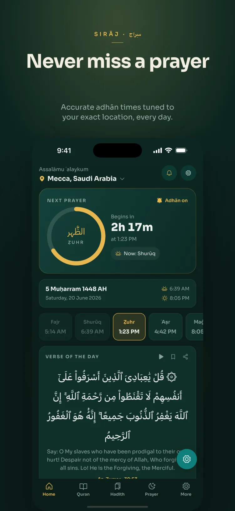 Sirāj home screen with the next-prayer countdown and verse of the day