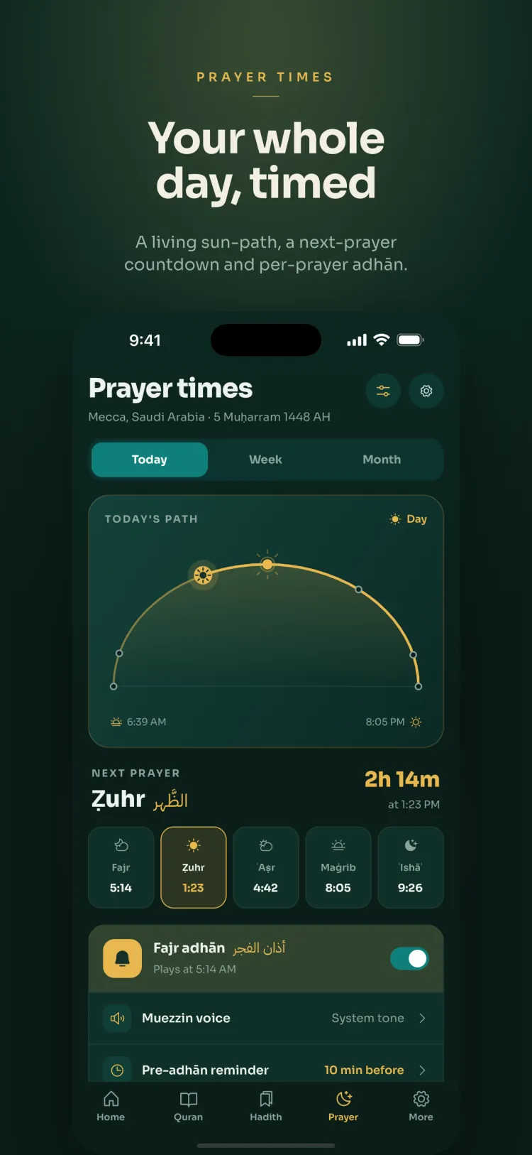 Prayer times for the day with adhān settings