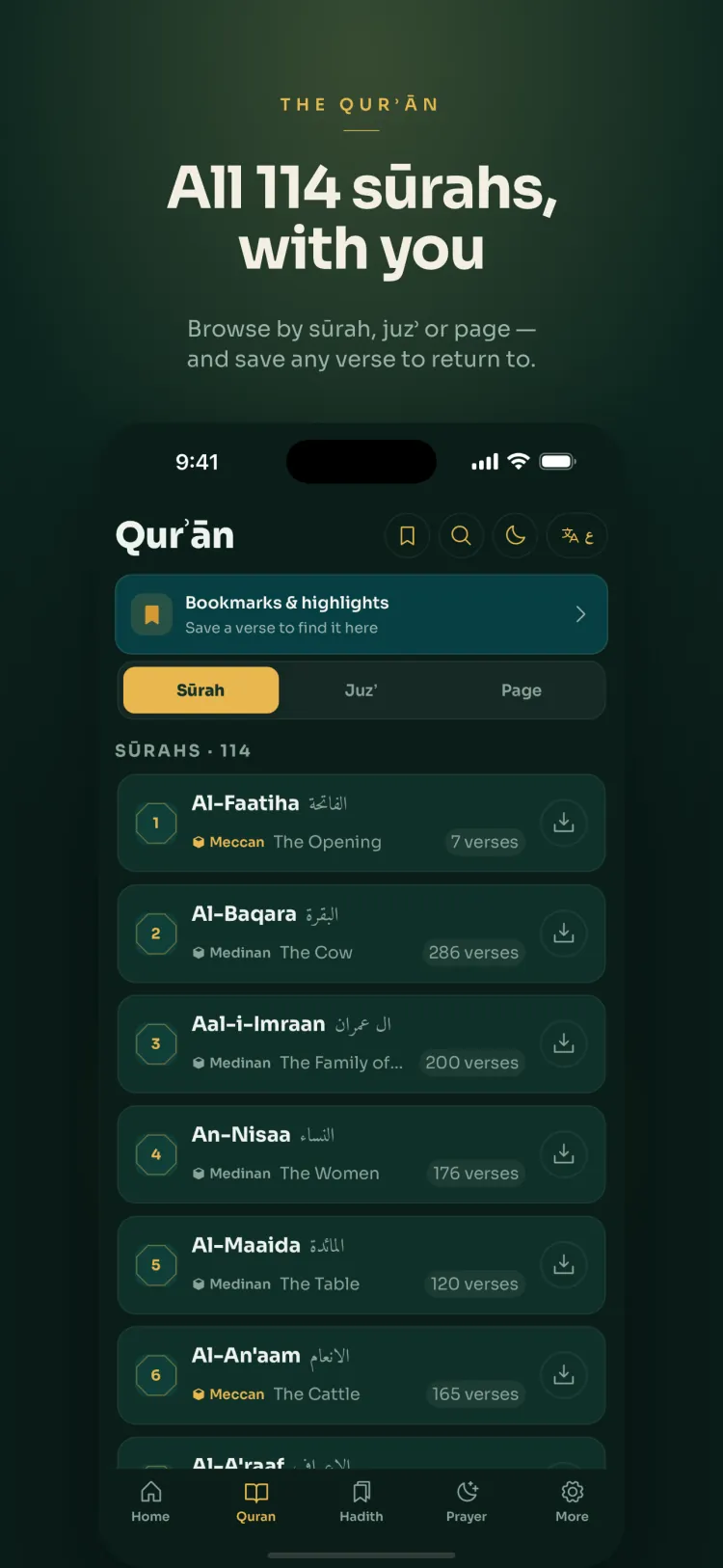 Qur'an index listing all 114 sūrahs