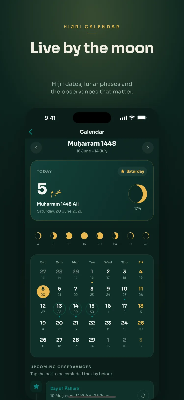 Hijri calendar with moon phases