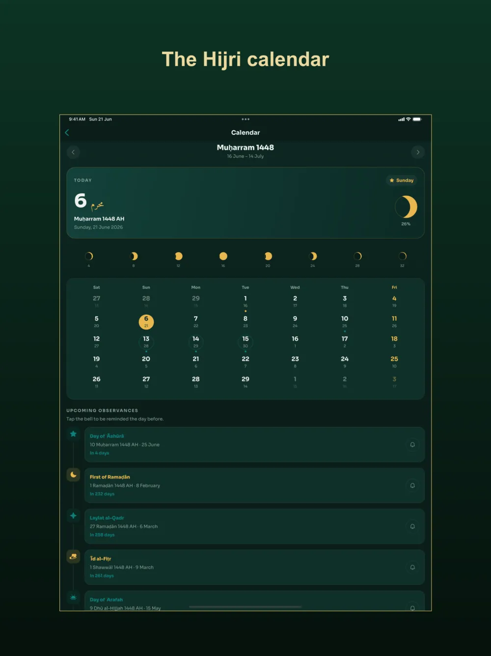 Sirāj on iPad — the Hijri calendar