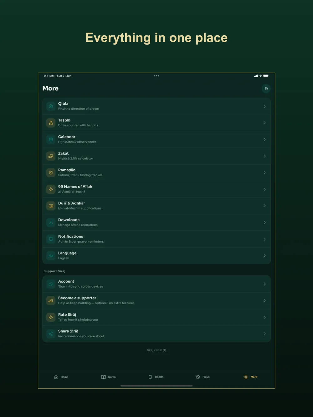 Sirāj on iPad — everything in one place